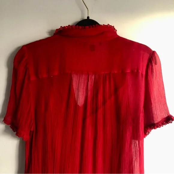 J.Crew Sheer lace-trim button-up Vibrant Red Cap Sleeves Blouse Women’s Size 6 - Picture 9 of 12